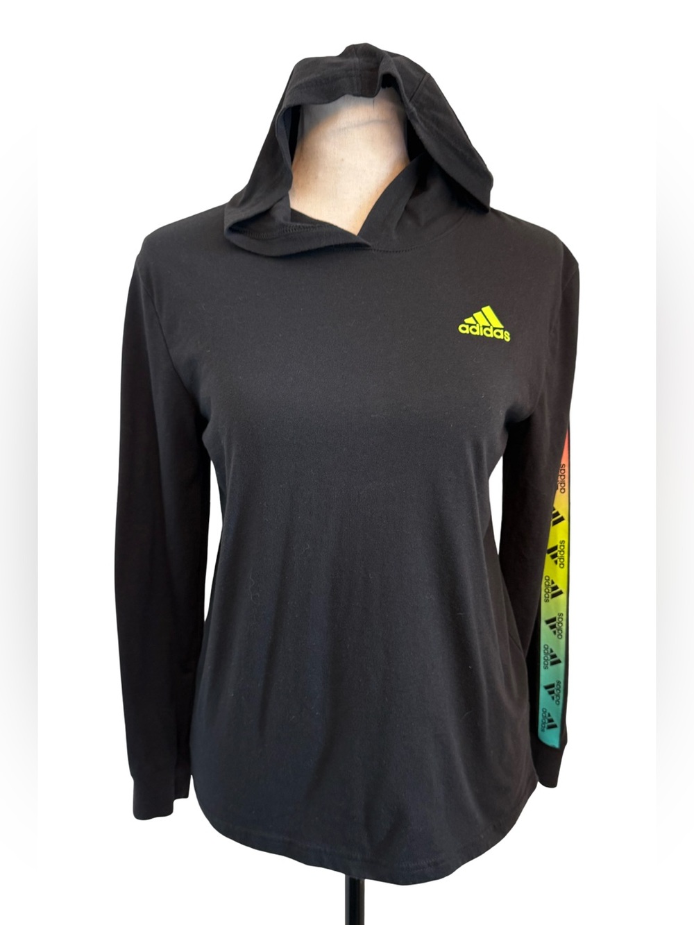 Adidas Medium Black Hooded Pullover Top Neon Logo Sleeve Tape Athletic